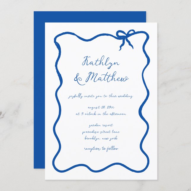 Hand plockade Ribbon Whimsical Fransk Blue Bröllop Inbjudningar (Skapare uppladdad)