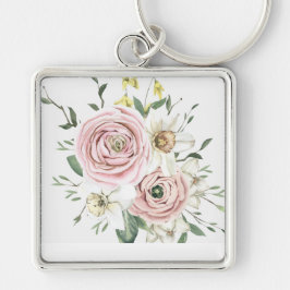 Hand plockade Ro Posy Fyrkantig Silverfärgad Nyckelring
