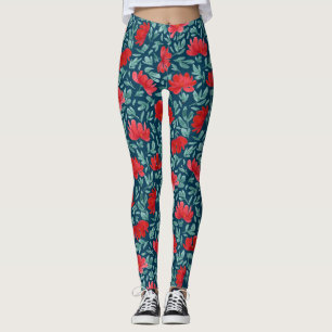 Hand plockade rödblommor på tanktopet blå bakgrund leggings