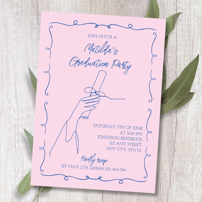 Hand plockade Rosa & Blue 2024 Studenten Inbjudningar (Hand Drawn Pink & Blue 2024 Graduation Invitation)