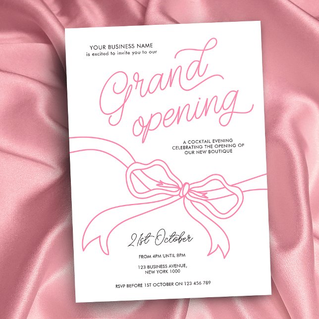 Hand plockade Rosa Bow Unik Business Grand Open Inbjudningar (Feminine blush pink and white business opening invitation with handwritten text and pink bow graphic)
