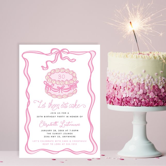 Hand plockade Rosa Cake Rosa Bow Birthday Inbjudningar (Hand Drawn Pink Cake Pink Bow Birthday Invitation)