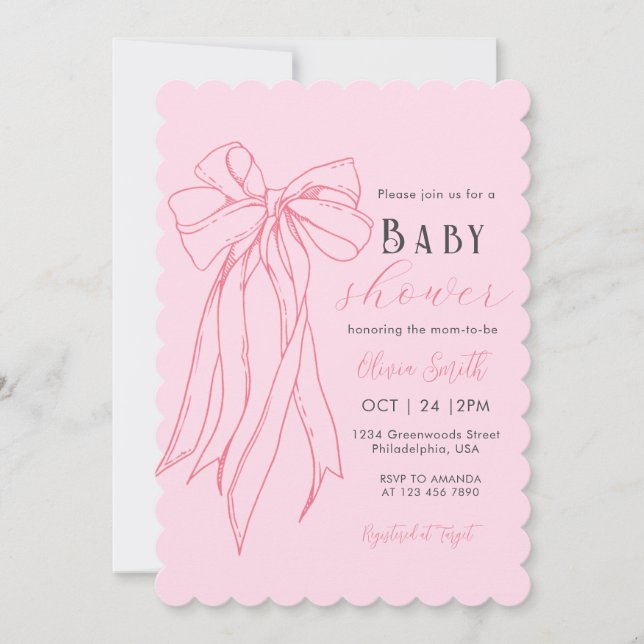 Hand plockade Rosa Coquette Bow Girl Baby Shower Inbjudningar (Framsida)