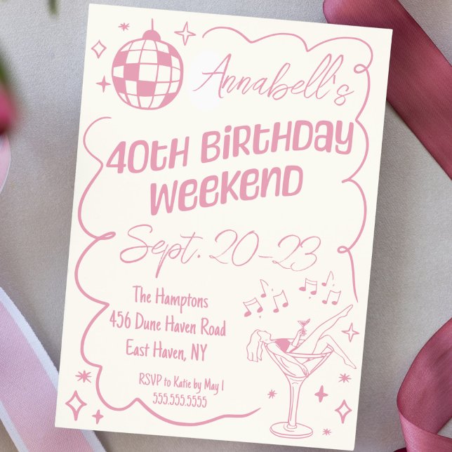 Hand plockade Rosa Disco 40:e födelsedag Party Hel Inbjudningar (Pink cute hand drawn doodle 40th birthday girls weekend itinerary invitation disco party pink)