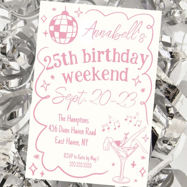 Hand plockade Rosa Disco Födelsedagsfest Girls Hel Inbjudningar (hand drawn quirky disco party invitation birthday party pink fun girls weekend itinerary invite cute)
