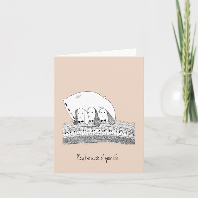Hand plockade Rosa Greeting Card Rabbits Play Pian Inbjudan (Framsida)