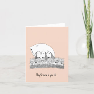Hand plockade Rosa Greeting Card Rabbits Play Pian Inbjudan