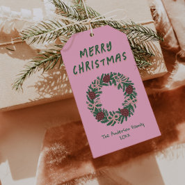 Hand plockade Rosa Grönt jul Utandning Utandning U Presentetikett