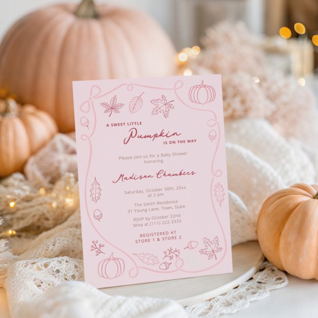 Hand plockade Rosa Little Pumpkin Flicka Shower Inbjudningar (Blush pink and cherry Sweet Little Pumpkin baby shower invites to welcome a little girl)