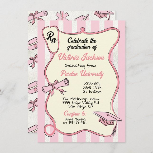 Hand plockade Rosa Medical RN Nurse Studenten Inbjudningar (Fram/baksida)