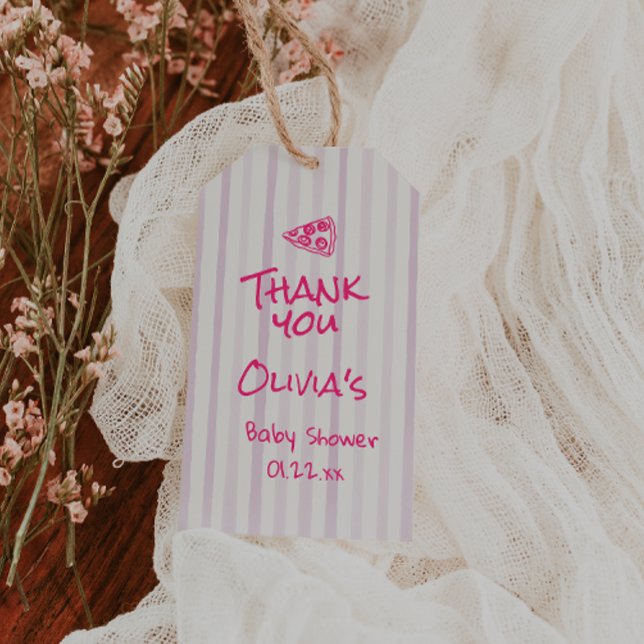 Hand plockade Rosa Pizza Speciell Delivery Baby Sh Presentetikett (Skapare uppladdad)