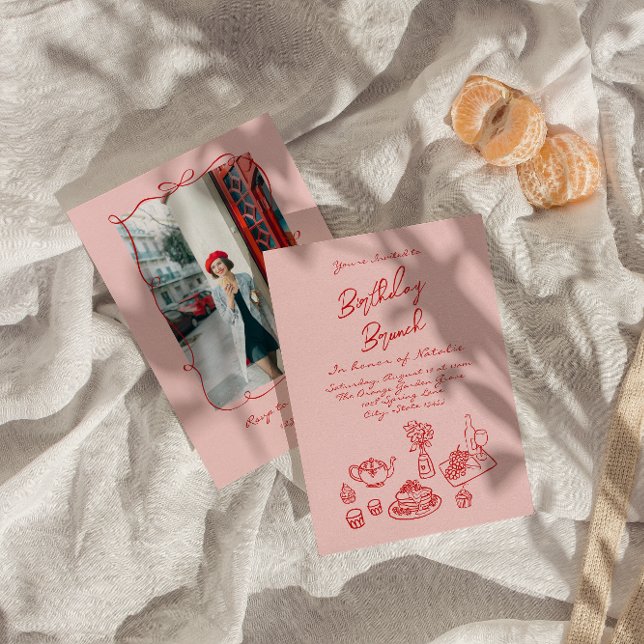 Hand plockade Rosa Quirky Photo Roligt Birthday Br Inbjudningar (Skapare uppladdad)