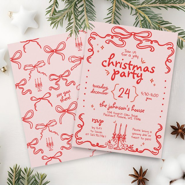 Hand plockade Rosa & Red Bow Modern jul Party Inbjudningar (Fun unique retro red pink hand drawn scribbles coquette bow quirky funky Christmas Party invitation)