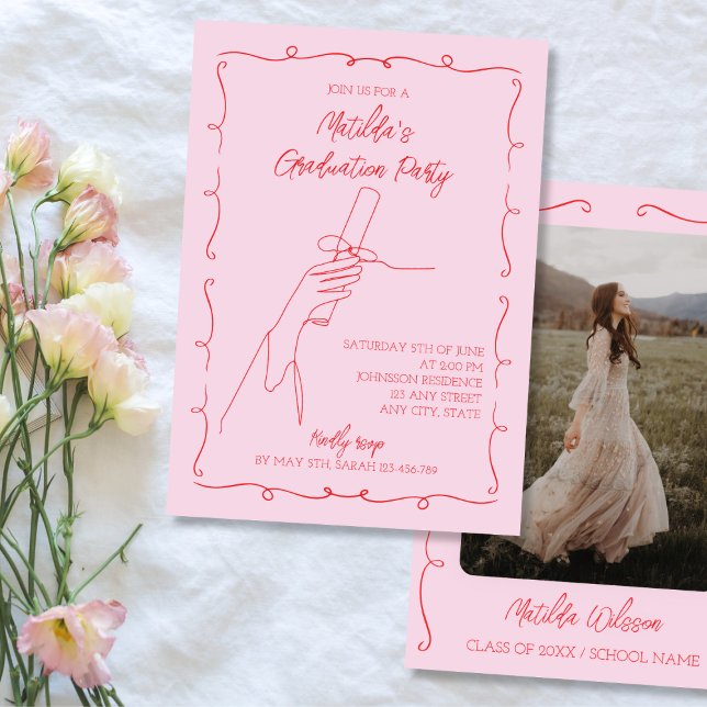 Hand plockade Rosa & Red Photo Studentfest Inbjudningar (Hand Drawn Pink & Red Photo Graduation Party Invitation 2024)