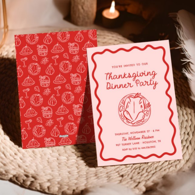Hand plockade Rosa Red Stollig Doodle Thanksgiving Julkort (Skapare uppladdad)