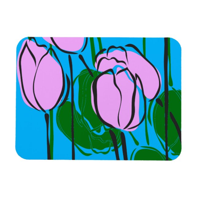 hand plockade Rosa Tulips på Himlar Blue Magnet (Horisontell)