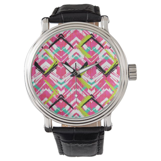 Hand plockade Rosa Zig Zag Mönster Armbandsur (Framsida)