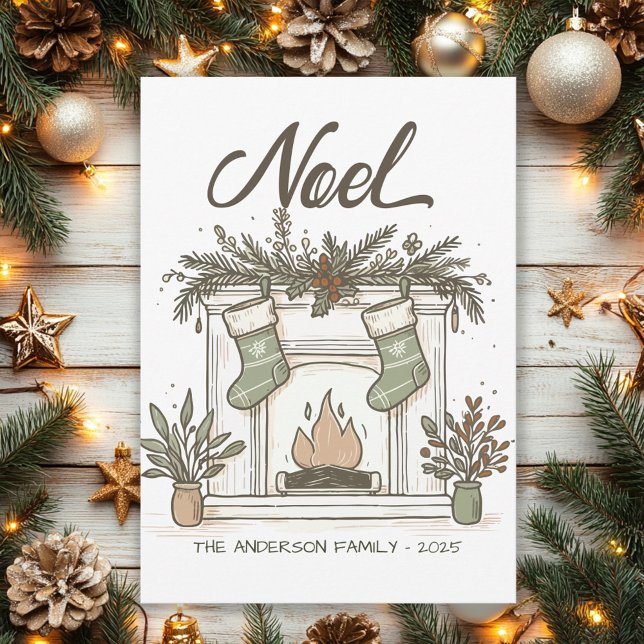 Hand plockade Rustic Fireplace Noel jul Julkort (Vintage fireplace and stockings Christmas greeting card. )