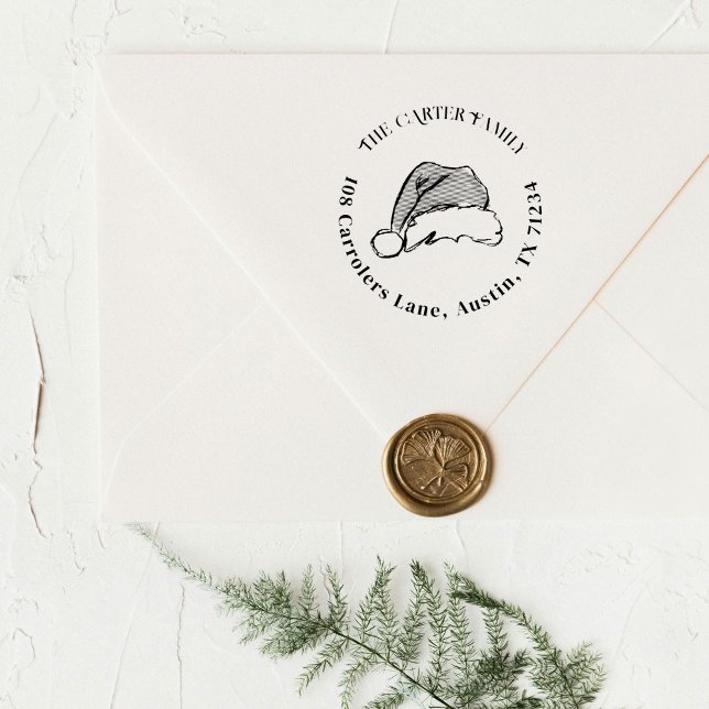 Hand plockade Santa Hat Illustration Returadress Självfärgande Stämpel (Christmas Santa hat sketch illustration return address round holiday stamp.)