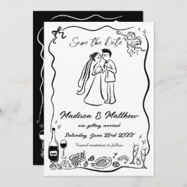 Hand plockade Scribble Doodles Bride & Groom Bröll Spara Datumet