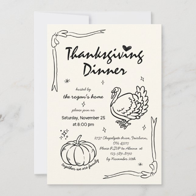 Hand plockade Scribble Pumpkin Turkey Thanksgiving Inbjudningar (Framsida)