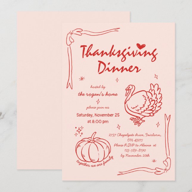 Hand plockade Scribble Pumpkin Turkey Thanksgiving Inbjudningar (Fram/baksida)