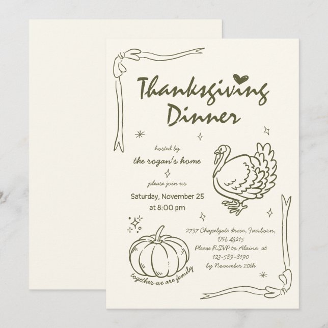Hand plockade Scribble Pumpkin Turkey Thanksgiving Inbjudningar (Fram/baksida)