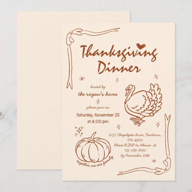 Hand plockade Scribble Pumpkin Turkey Thanksgiving Inbjudningar (Fram/baksida)