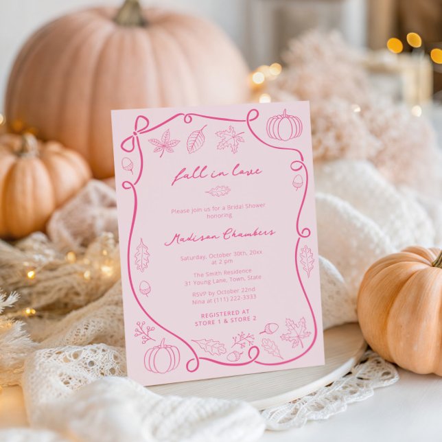Hand plockade Shock rosa sjunker i Kärlek Möhippa Inbjudningar (Fall in Love blush pink and fuchsia wedding shower invite cards featuring handwritten font)