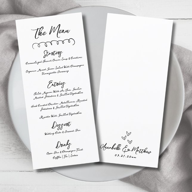 Hand plockade Simple Black White Whimsical Bröllop Meny (Hand Draw Simple Black White Whimsical Wedding Menu )