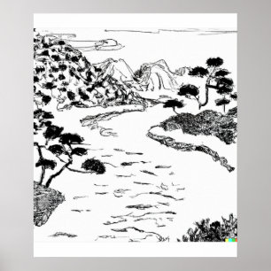 hand plockade-skiss över flod i Ukiyo-E-konst Poster
