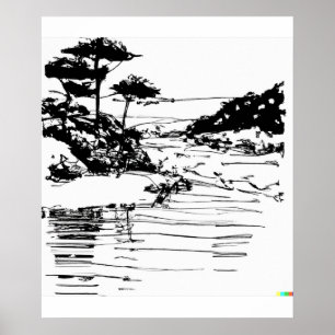 hand plockade-skiss över flod i Ukiyo-E-konst Poster
