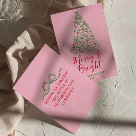 Hand plockade-skriven Red Rosa Bows Träd-jul Julkort