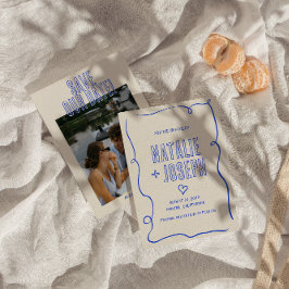 Hand plockade-skriven Retro Quirky Photo Bröllop m Spara Datumet