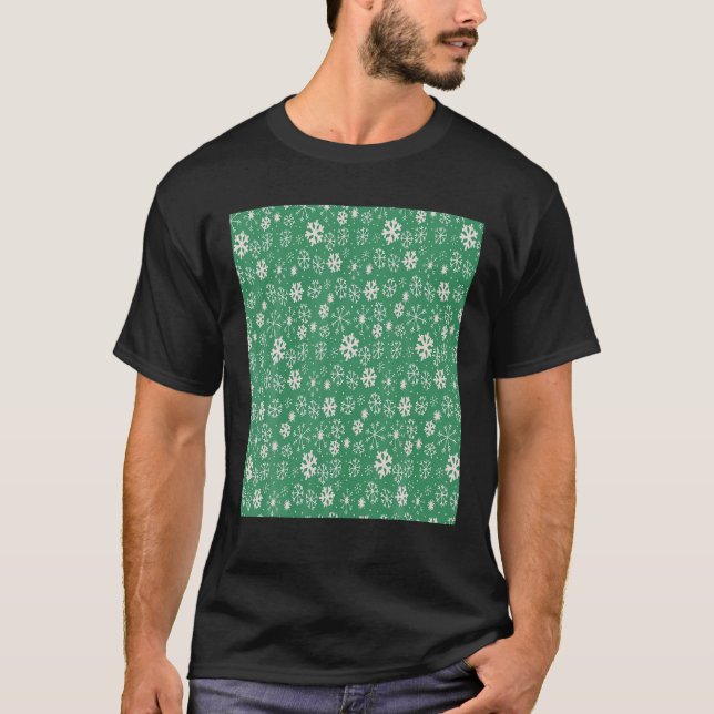 Hand plockade Snöflake Snöstorm med IMP Grönt back T Shirt (Framsida)