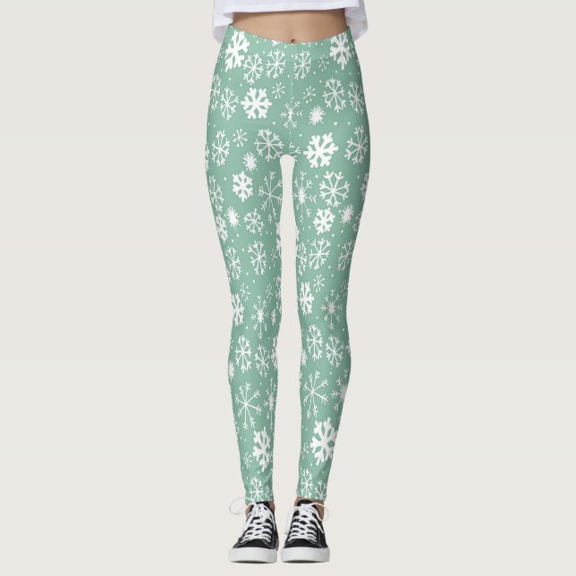 Hand plockade Snowflake Snowstorm med Grönt Sherbe Leggings (Framsida)