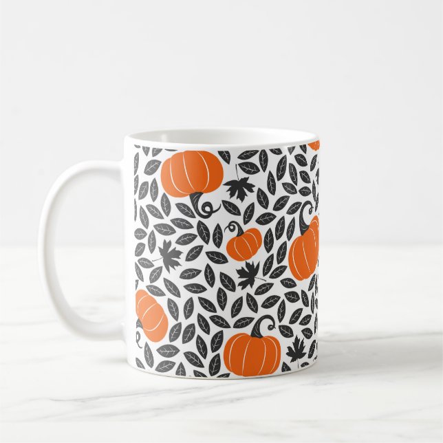 Hand plockade sömlös mönster med pumpor och leav kaffemugg (Vänster)