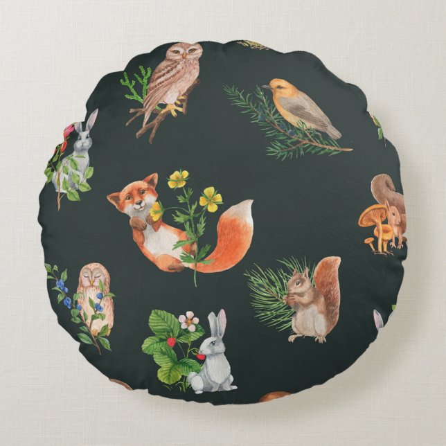 Hand plockade sömlöst mönster med vattenskog rund kudde (Framsidan)