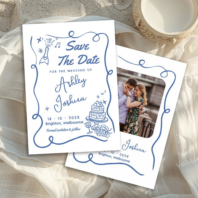 Hand plockade sparar datumkortet för vit blåkummel inbjudningar (Whimsical Blue Hand Drawn Wedding Save The Date Card, Trendy Blue Line Save The Date Card With Photo)