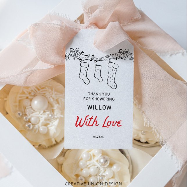 Hand plockade Stockings Merry Little Baby Shower Presentetikett (Skapare uppladdad)