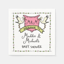 Hand plockade Stork Vapensköld Baby Shower Pappersservett