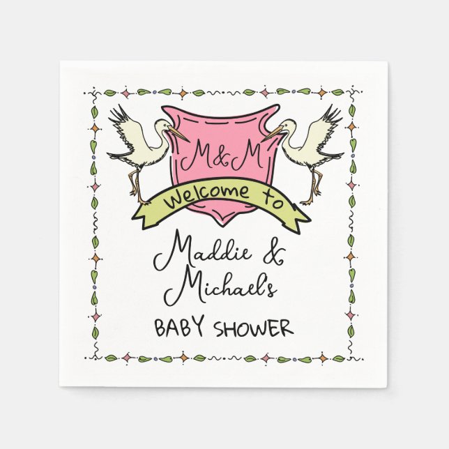 Hand plockade Stork Vapensköld Baby Shower Pappersservett (Framsidan)