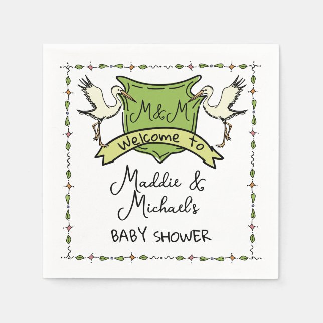 Hand plockade Stork Vapensköld Baby Shower Pappersservett (Framsidan)