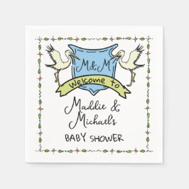 Hand plockade Stork Vapensköld Baby Shower Pappersservett