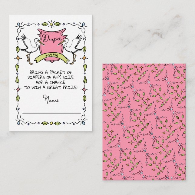 Hand plockade Stork Vapensköld Diaper Raffle Card Tilläggskort (Fram/baksida)