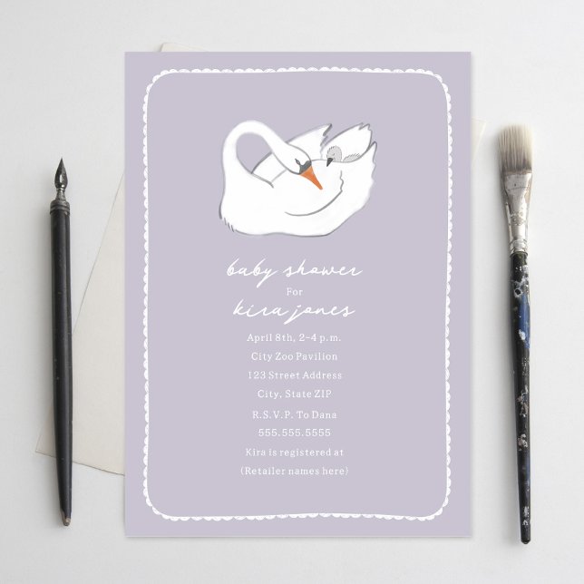 Hand plockade Svan Mamma & Baby Shower Lavender Inbjudningar (Skapare uppladdad)
