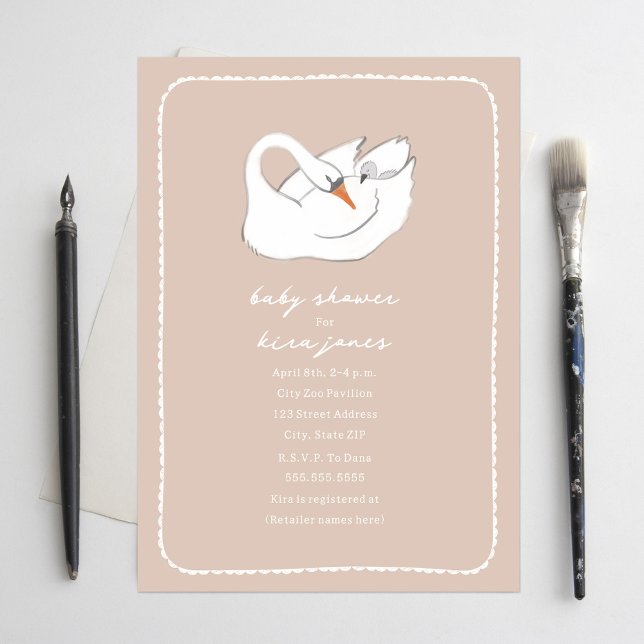 Hand plockade Svan Mamma & Baby Shower Rosa Girl Inbjudningar (Skapare uppladdad)