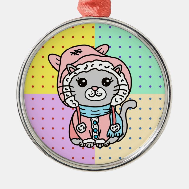 Hand plockade Tecknad Kattunge i Winter Hat Julgransprydnad Metall (Framsidan)