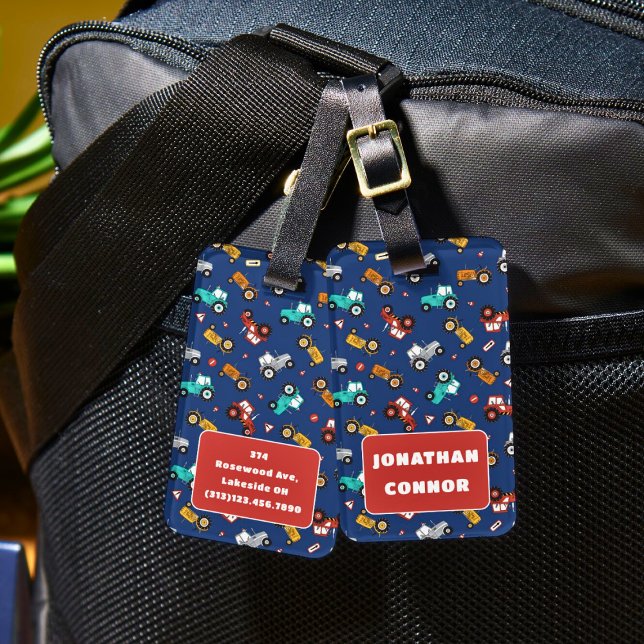 Hand plockade-traktorns Mönster-bagagetod för bojo Bagagebricka (Hand Drawn Tractors Pattern Luggage Tag For Boys)