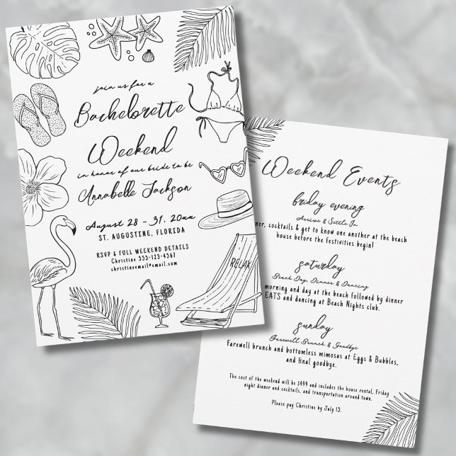 Hand plockade Tropical Beach Bachelorette Party Inbjudningar (Hand Drawn Tropical Beach Bachelorette Party Invitation)